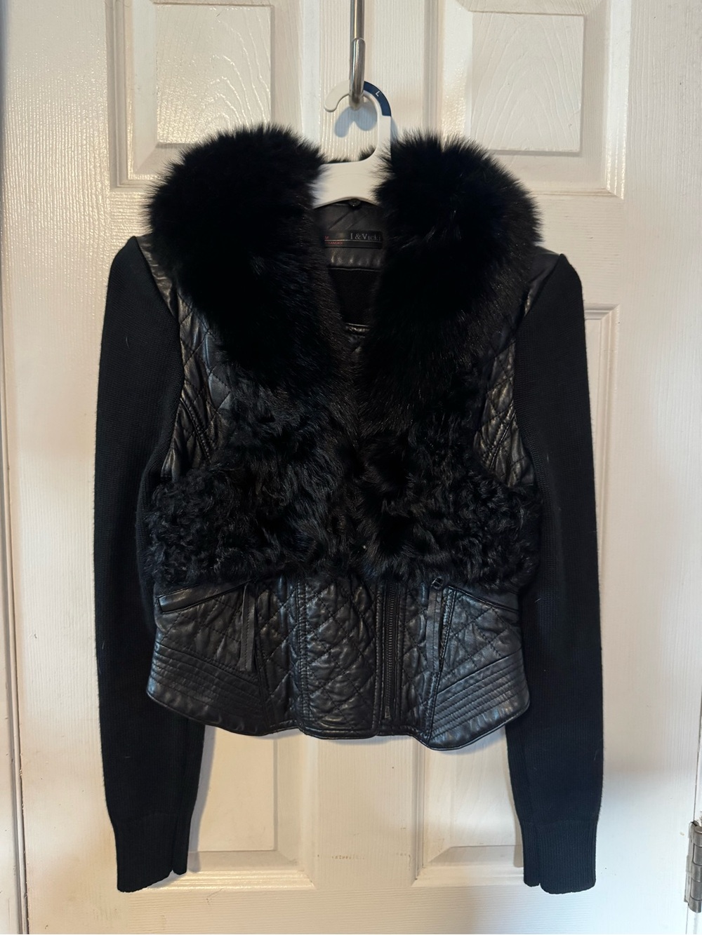 Black Sheepskin Leather Knit Jacket Removable Genuine Fur Trim M Black Moto Chic